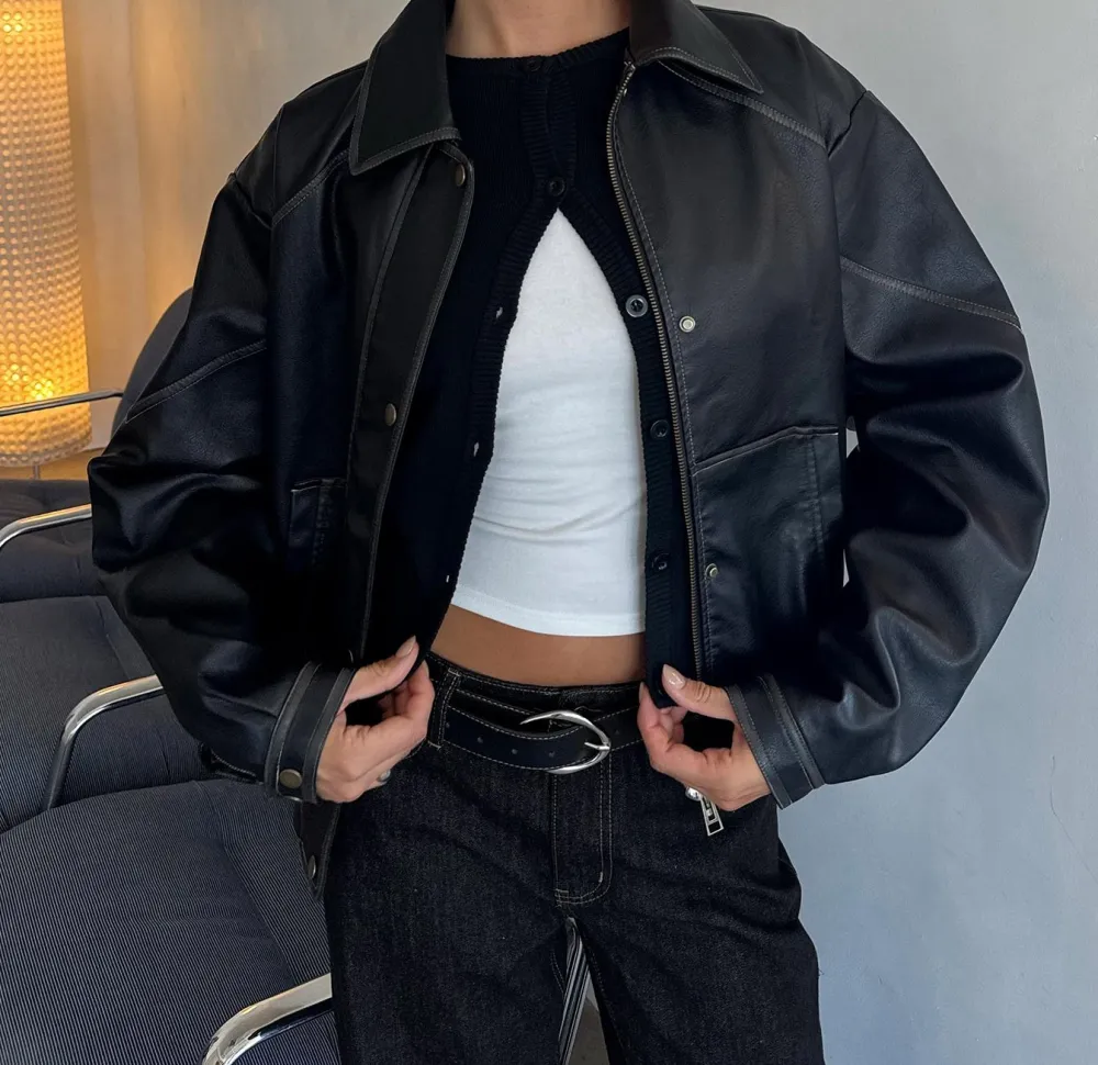 Black Faux Leather Oversized Collared Jacket