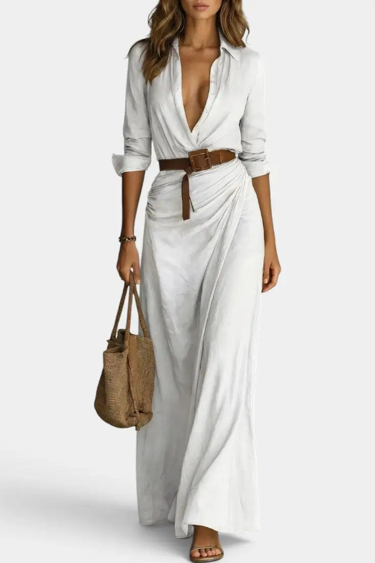 Shirt-Style V-Neck Maxi Dress