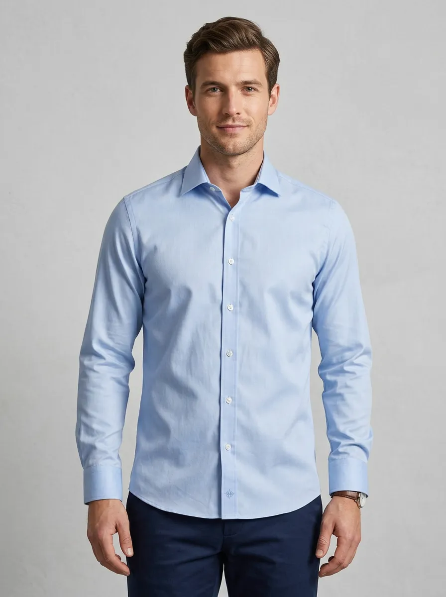 Men's Non-Iron Cotton Light Blue Solid Color Button-Down Shirt