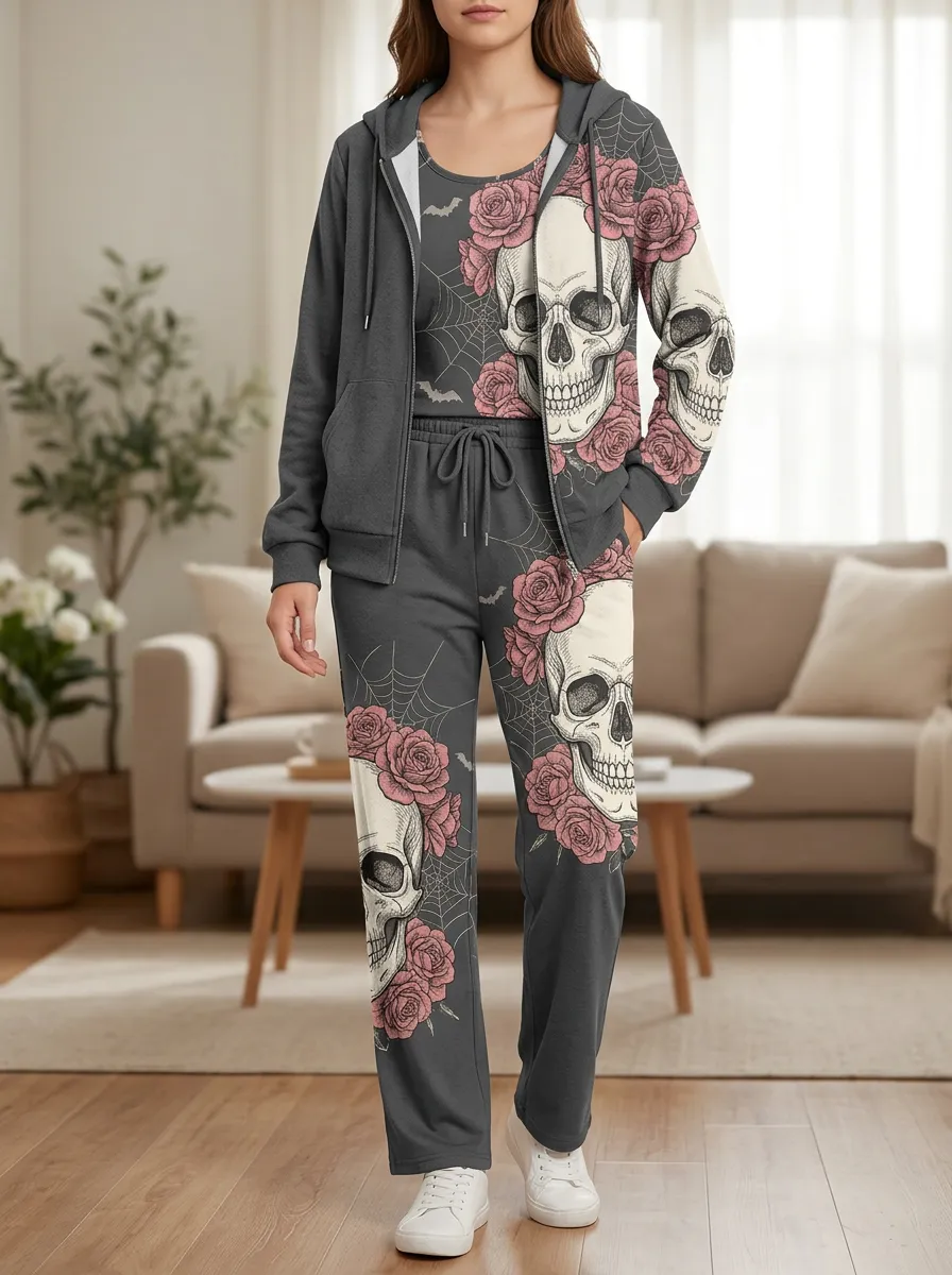 Women's Halloween Gothic Skull Rose Coordinated Hoodie Jogger Set