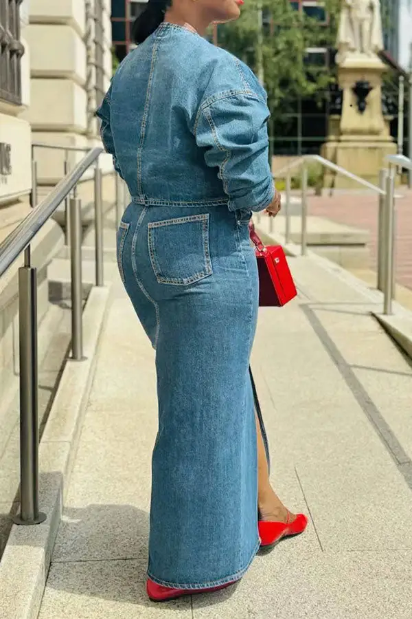 Gradient Denim Pocket Side-Slit Dress Set