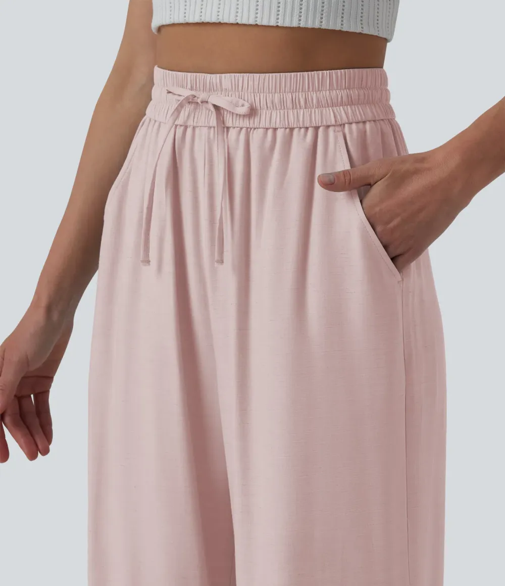 2026🔥High Waisted Drawstring Wide Leg Casual Linen-Blend Trousers with Pockets