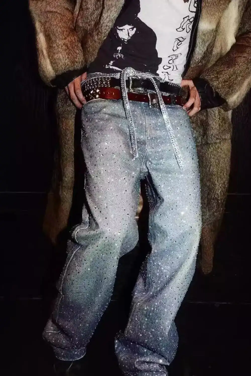 Washed Rhinestone Jeans with Rhinestone Belt
