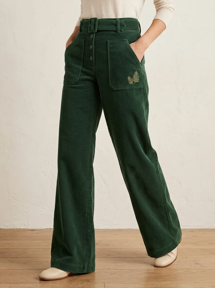 Women's Nature Lover Fern Leaf Embroidered Corduroy Pants