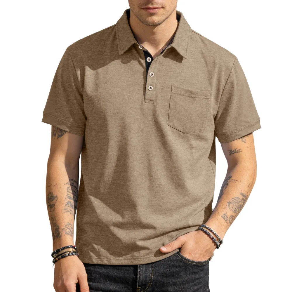 Button Placket Chest Pocket Short Sleeve Jersey Polo Shirt