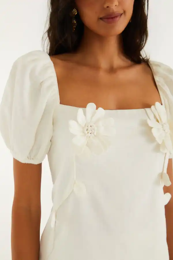 Floral Puff-Sleeve Short-Sleeve Blouse