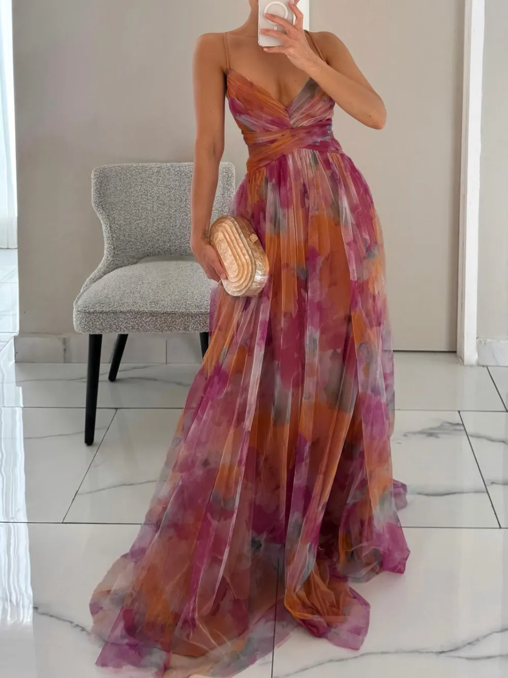 Painted Floral Print V Maxi Dress