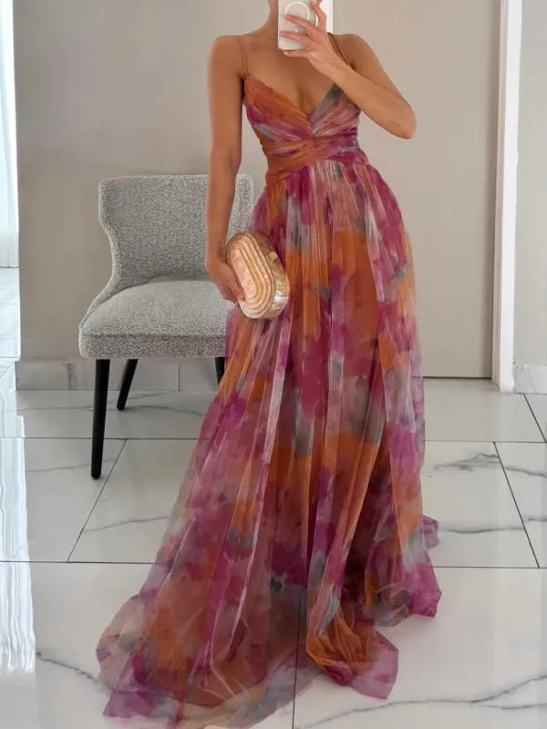 Painted Floral Print V Maxi Dress