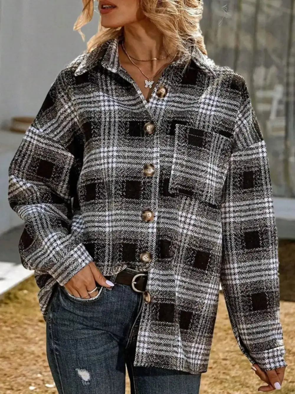 Plaid Button Front Shacket Jacket
