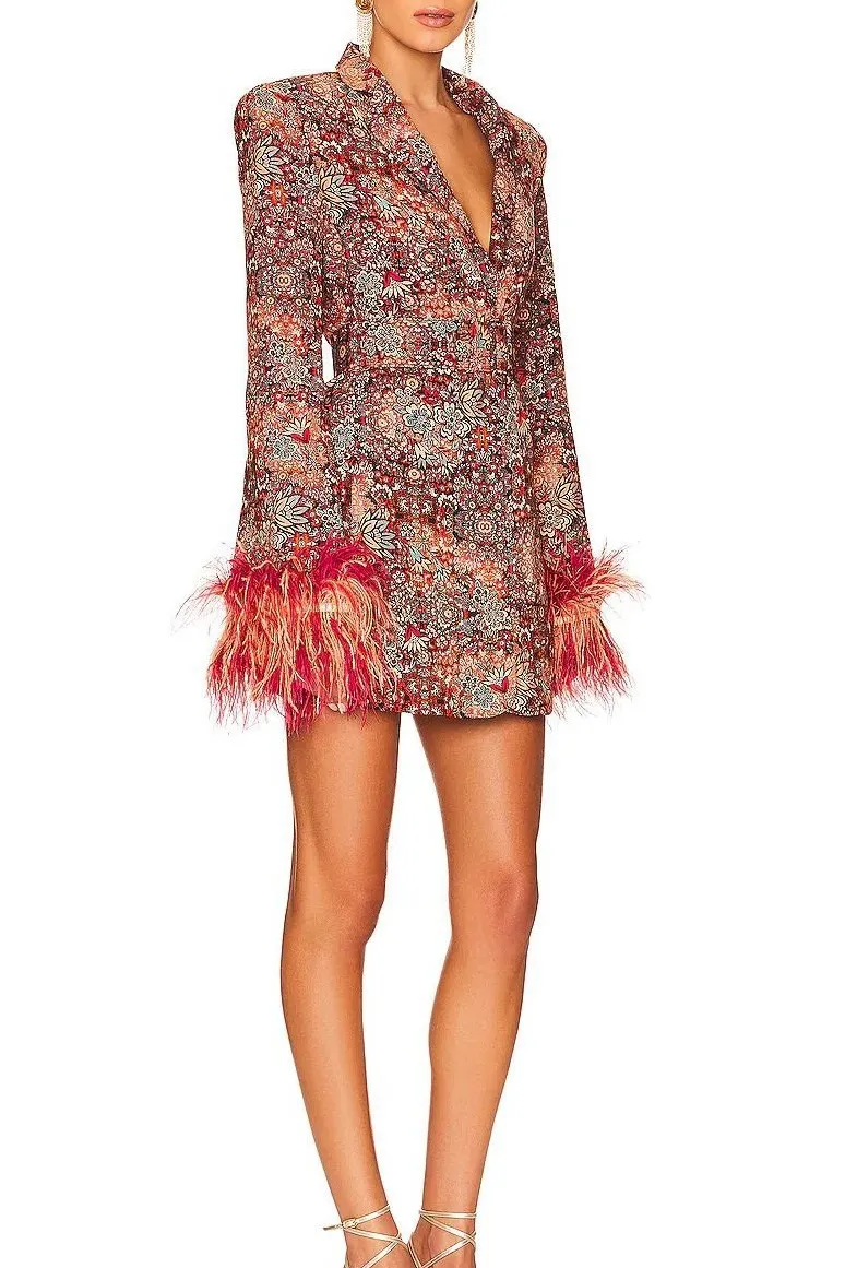 Feather Printed Belted Mini Dress
