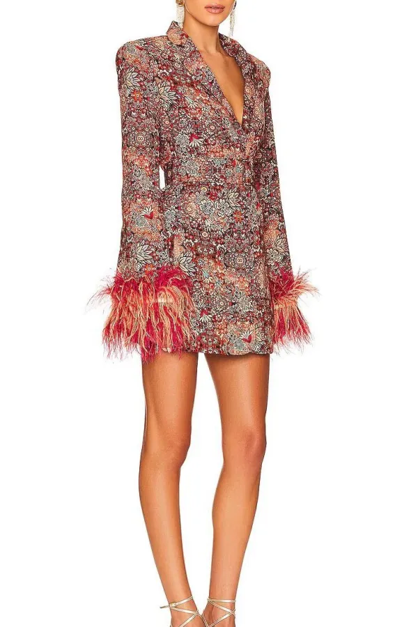 Feather Printed Belted Mini Dress