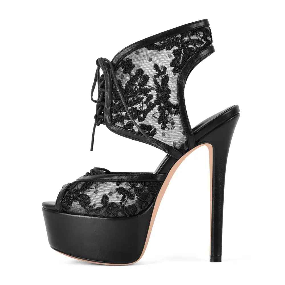 Platform Mesh Lace Up Slingback Sandals