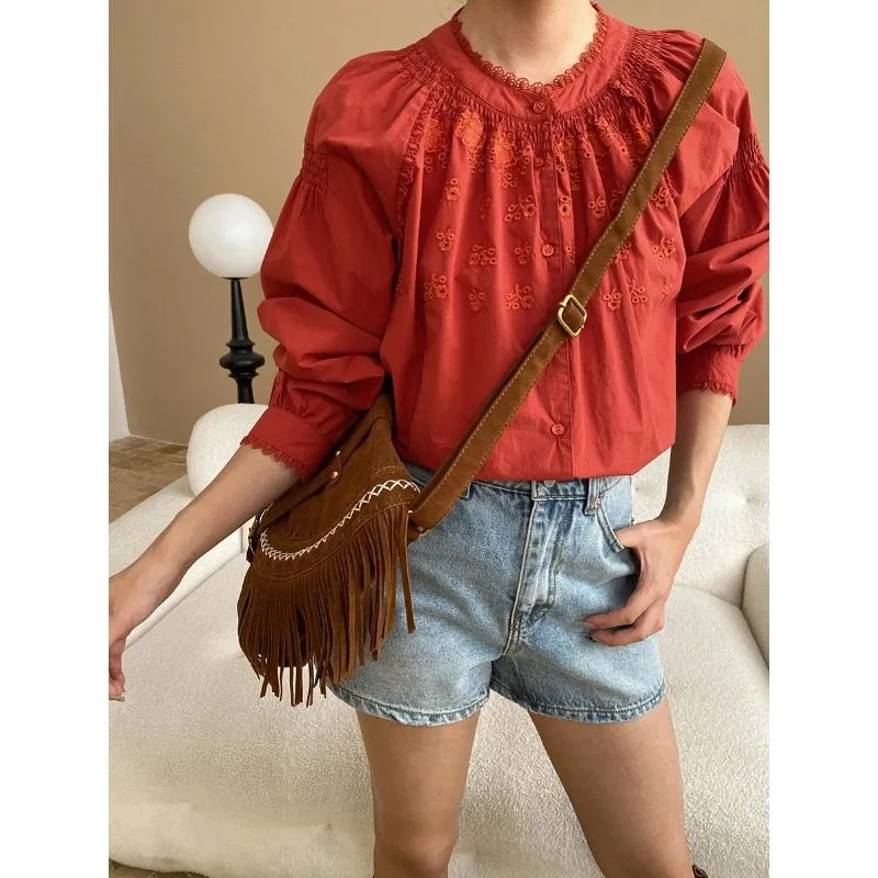 Relaxed Embroidered Lace Trim Shirt