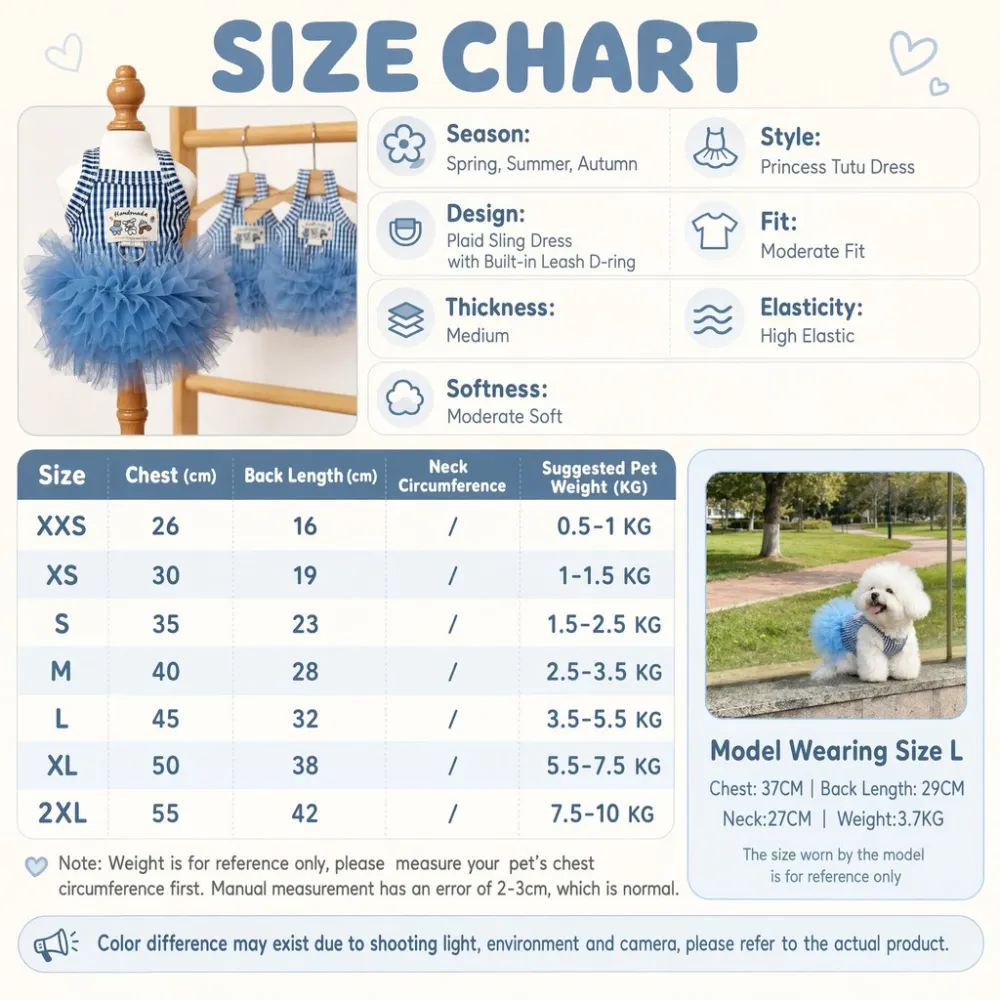 Blue Plaid Sling Pet Tutu Dress D-Ring, Soft Mesh Tulle Princess Summer Clothes for Small Dogs Cats