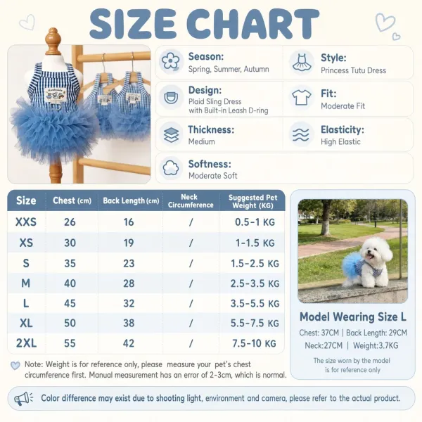 Blue Plaid Sling Pet Tutu Dress D-Ring, Soft Mesh Tulle Princess Summer Clothes for Small Dogs Cats