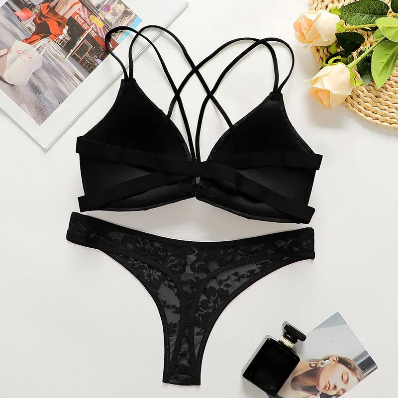 Backless Lace Front-Buckle Triangle Bra Set