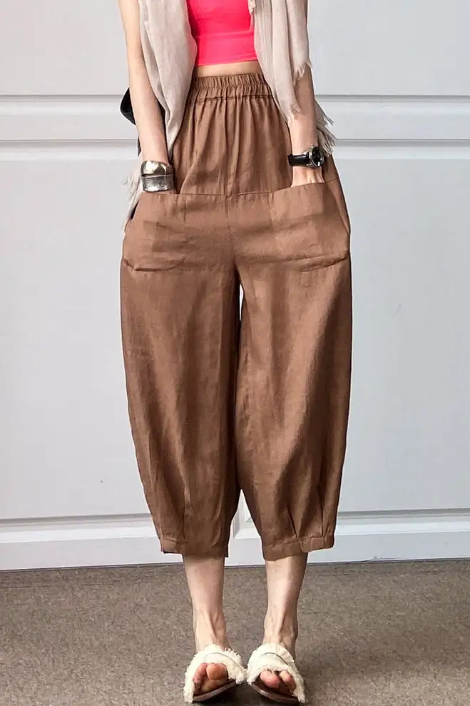 Modern Linen Cotton Wide Leg Cropped Elastic Waist Pocketed Trousers