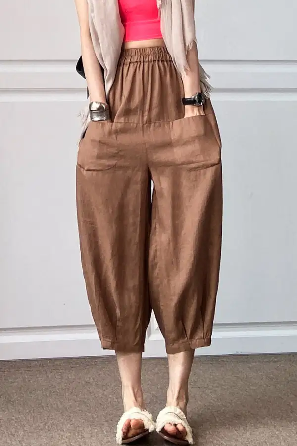 Modern Linen Cotton Wide Leg Cropped Elastic Waist Pocketed Trousers
