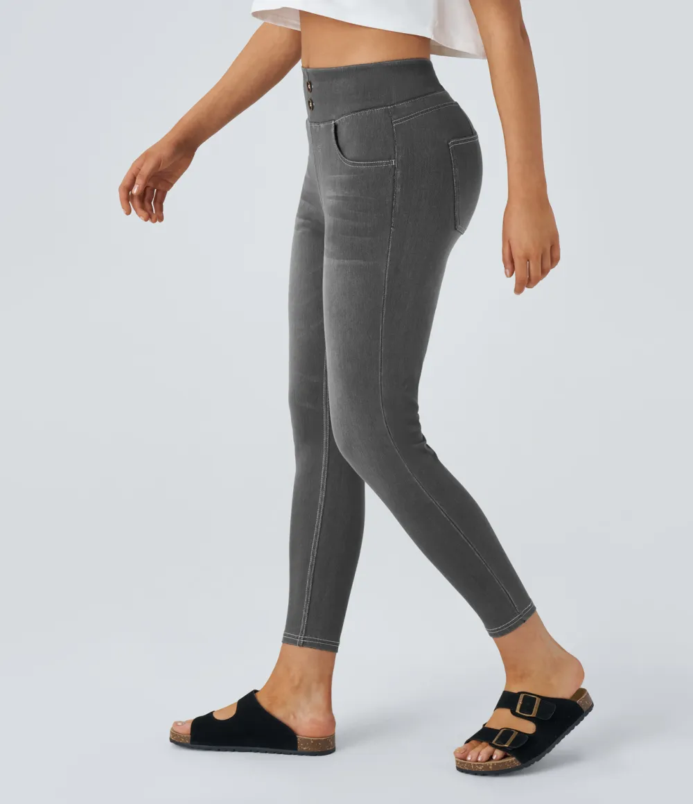 Magic Curvy High Waisted Decorative Button Multiple Pockets Washed Stretchy Knit Casual 7/8 Jeans