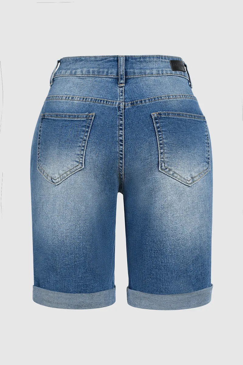 Ripped Lwo Waist Denim Bermuda Shorts