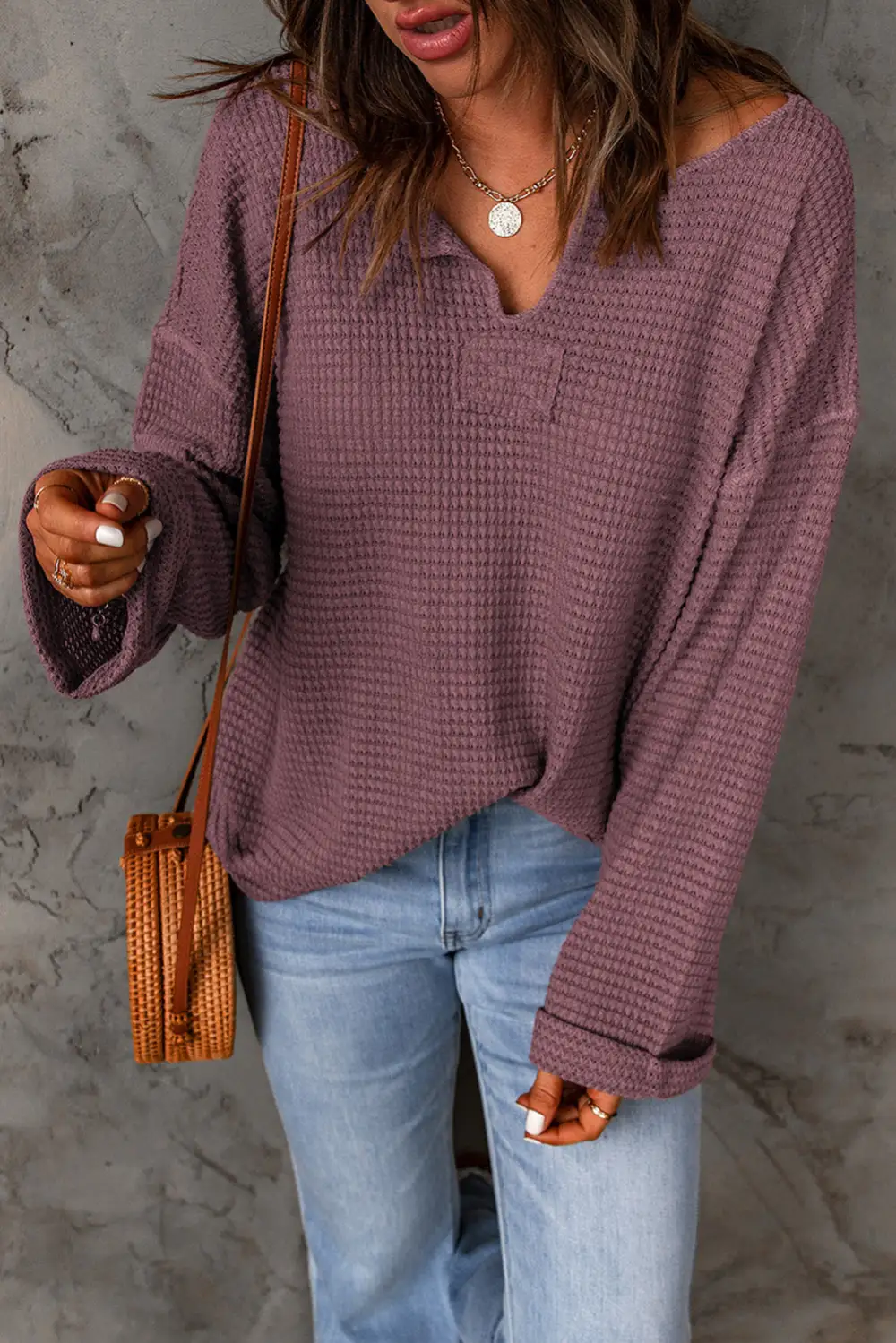 Waffle Knit Long Sleeve Loose Fit Women's Top
