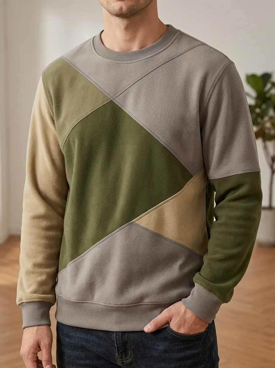 Men's Casual Colorblock Geometric Pattern Fleece Sweatshirt