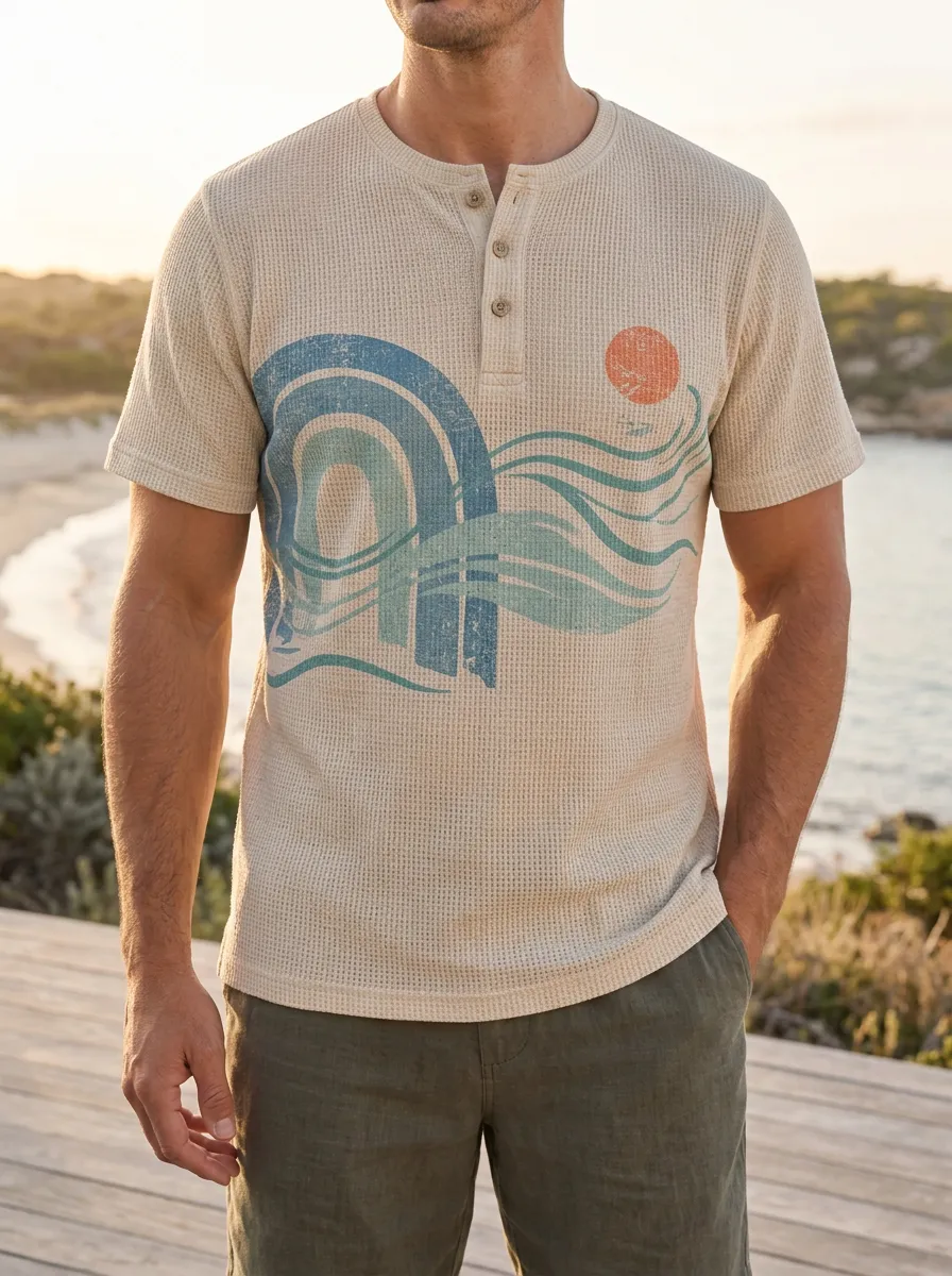 Men's Relaxed Beach Lover Retro Sunset Wave Henley T-Shirt