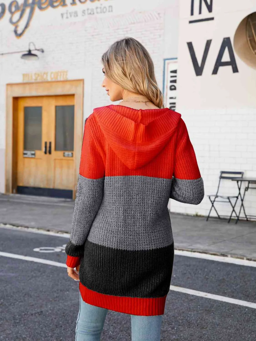 Open Front Hooded Color Block Cardigan