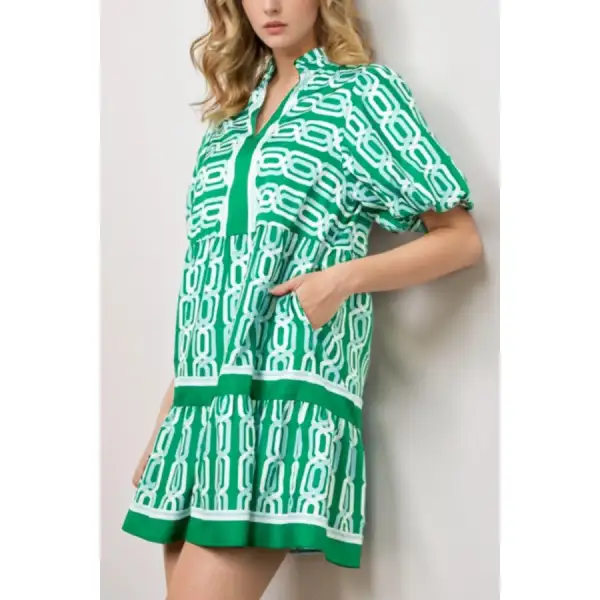 Abstract Patterned V Neck Puff Short Sleeve Mini Dress