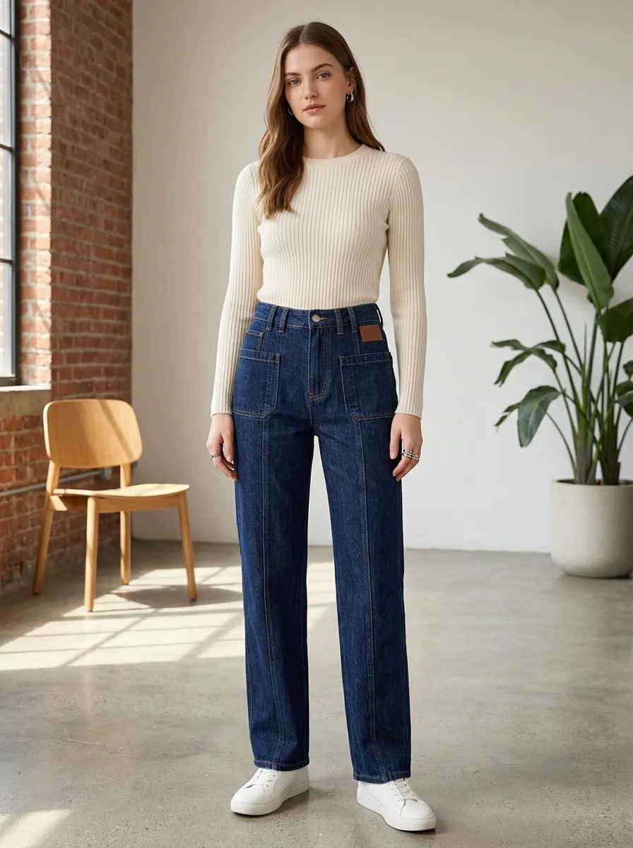 Women's Casual High-waisted Dark Wash Patch Pocket Denim Pants