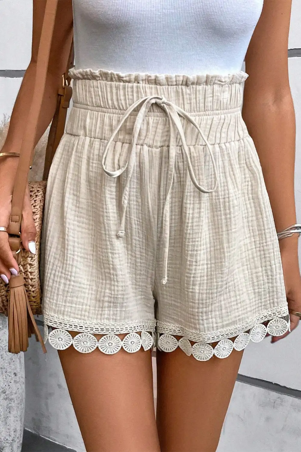 Apricot Textured Frilled Knotted High Waist