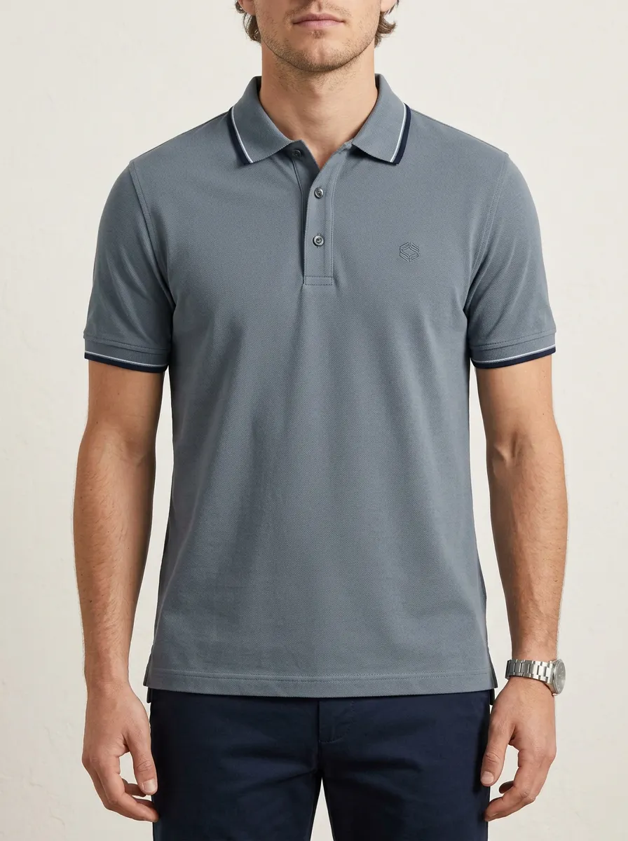 Men's Casual Minimalist Logo Embroidered Grey Polo Shirt