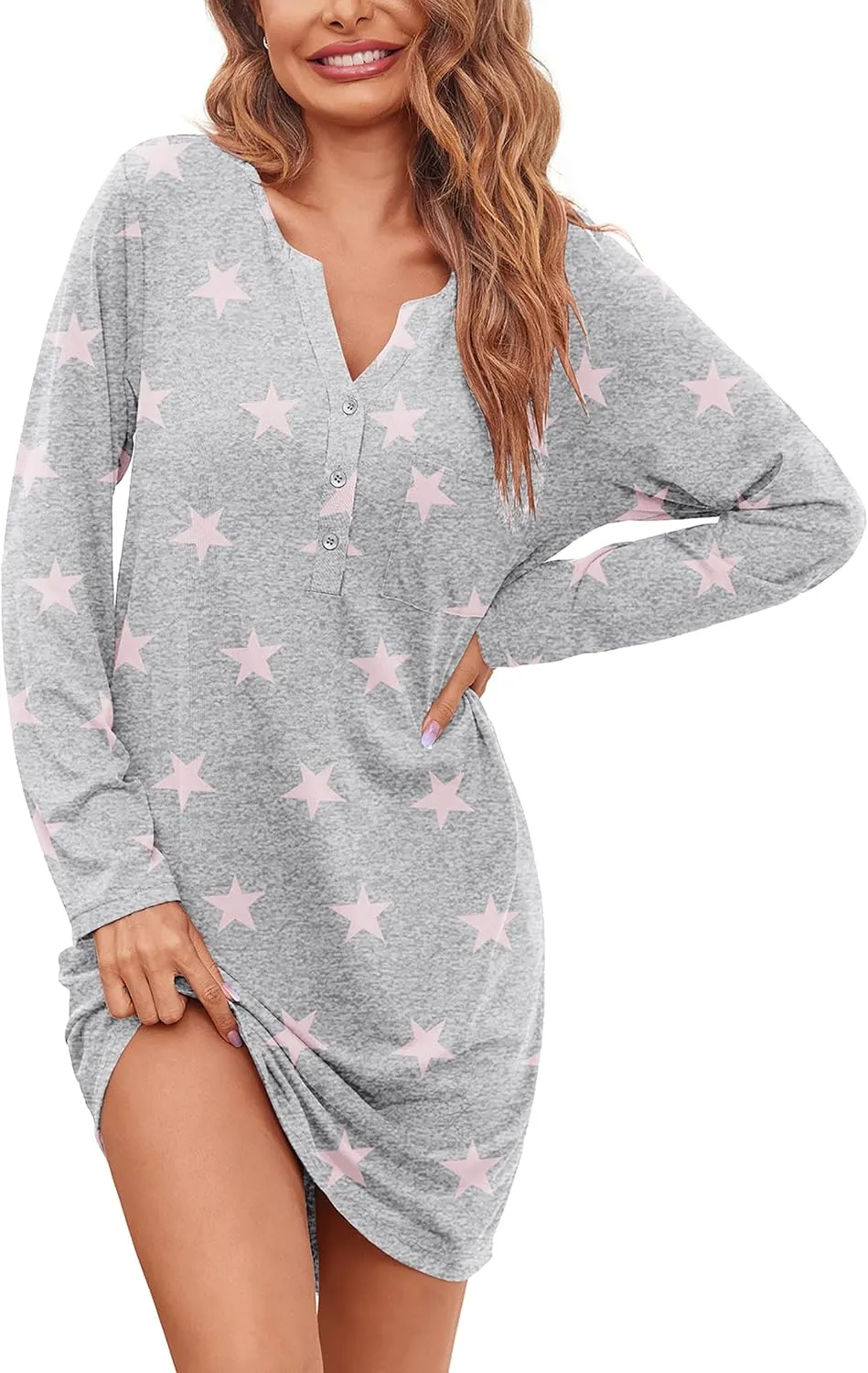 Ekouaer Women's Nightgowns Long Sleeve Button Down V Neck Pajama Dress