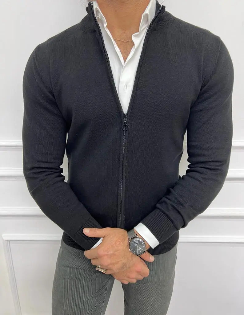 Classic Slim Fit Zip Detail V-Neck Knit Cardigan