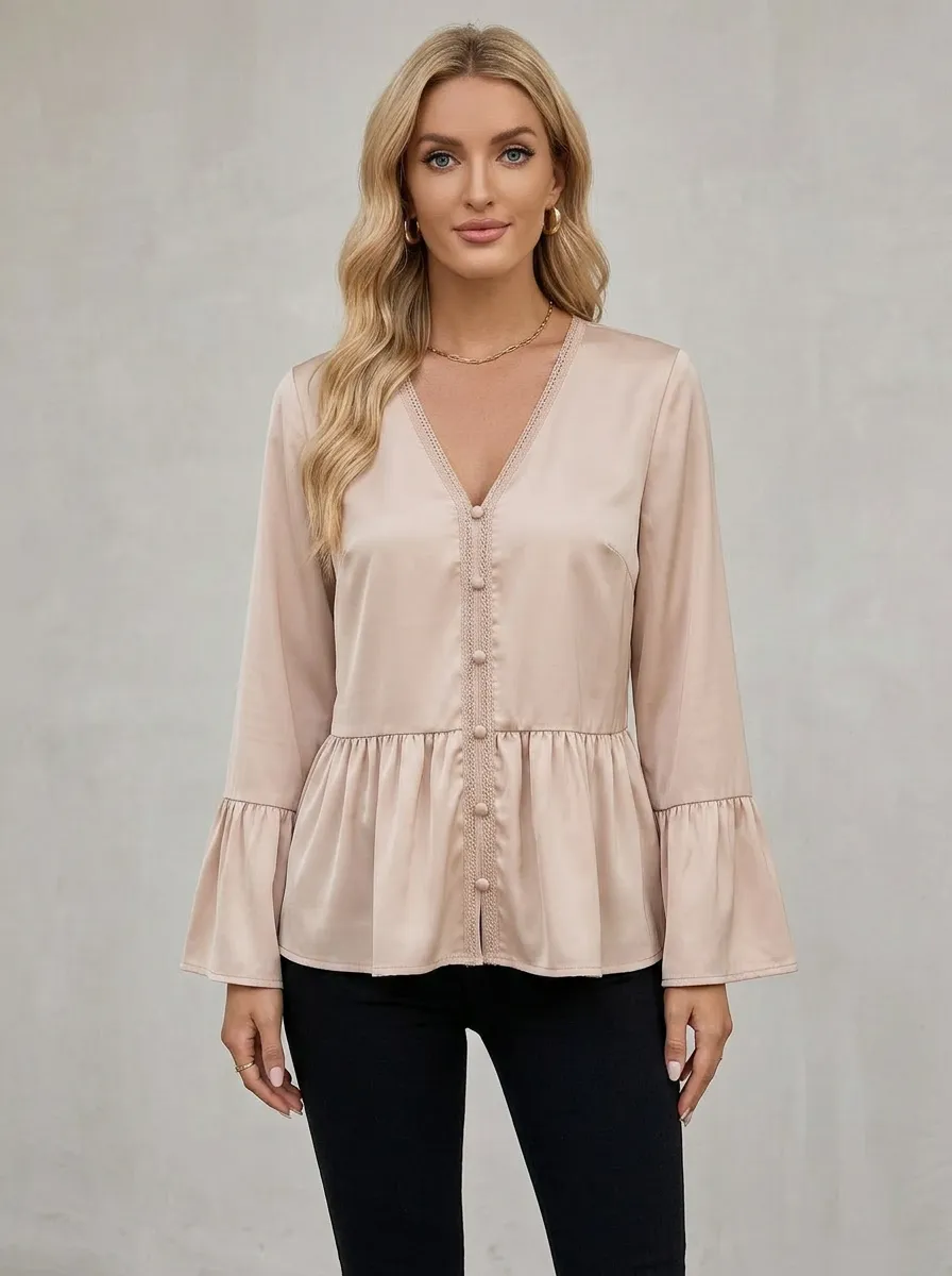 V-Neck Lace Trim Bell Sleeve Buttoned Blouse