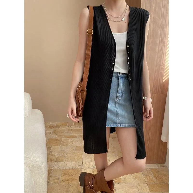Structured V Neck Sleeveless Knit Cardigan Vest