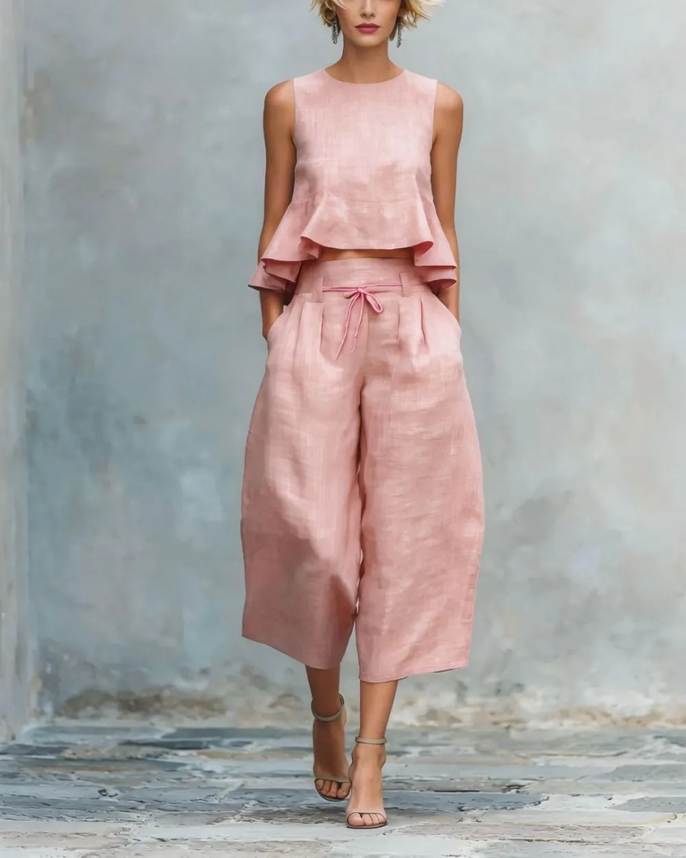 Linen Two-Piece Set Ruffle Detail Lightweight Breathable Romantic Summer Outfit