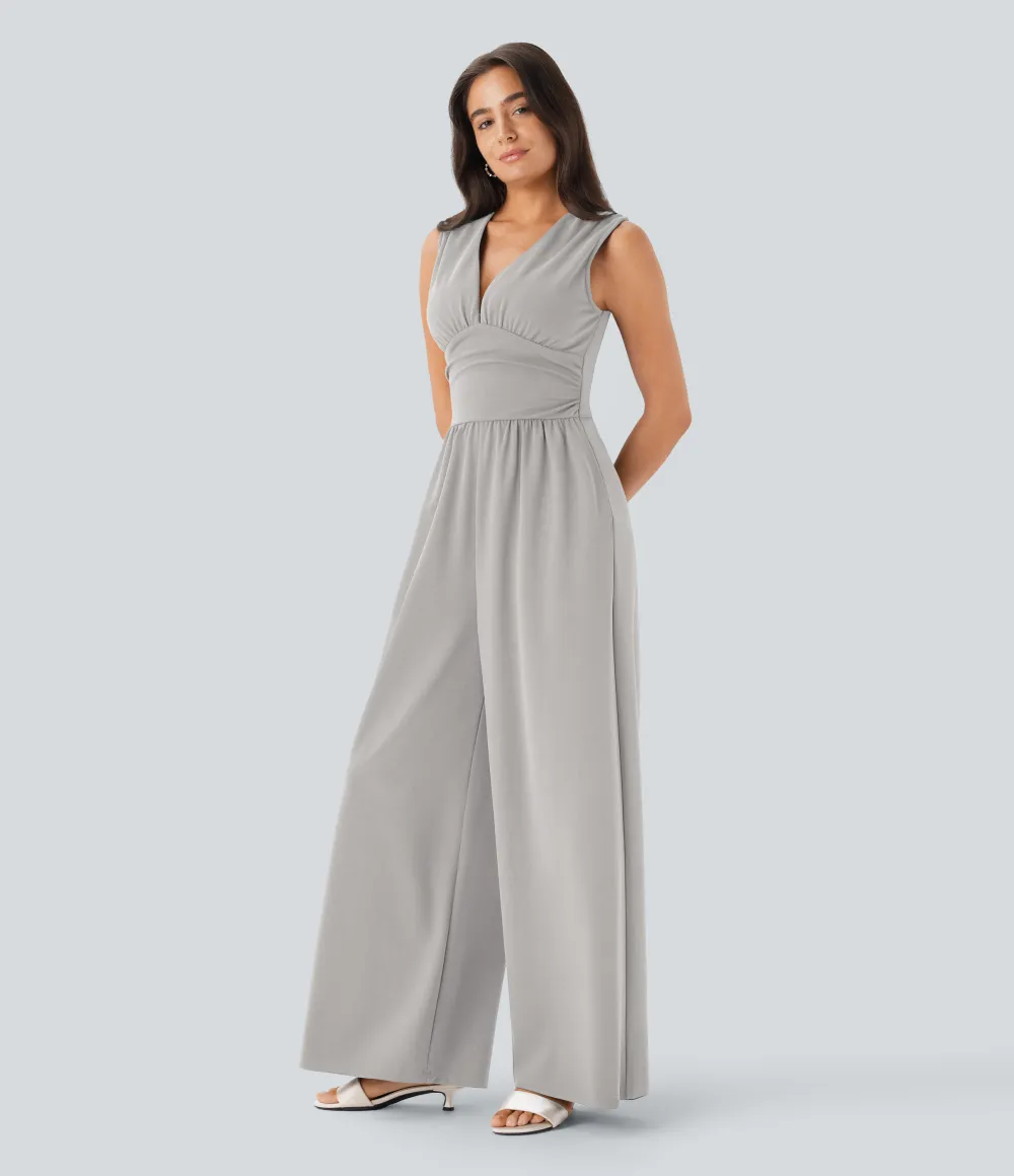 SculptKnit V Neck Sleeveless Ruched Pocket Jumpsuit-Easy Peezy