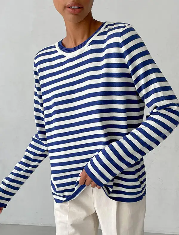Striped Paneled Round Neck Long Sleeve Relaxed Fit Sweater