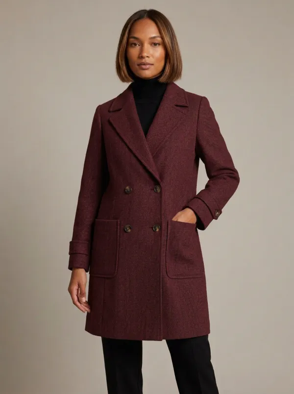 Women's Gray Herringbone Pattern Double-Breasted Wool Coat