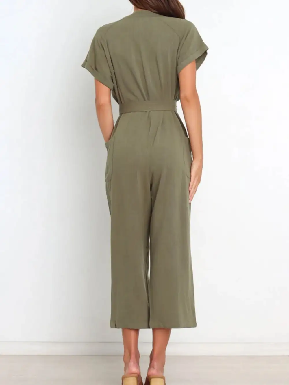 Notched Short Sleeve Tie Waist Jumpsuit Shorts