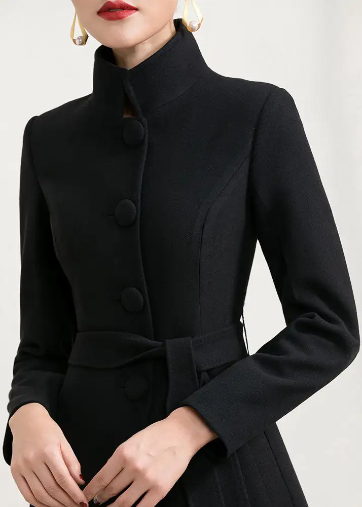 Wool Blend Fit and Flare Single Breasted Stand Collar Pocketed Long Coat