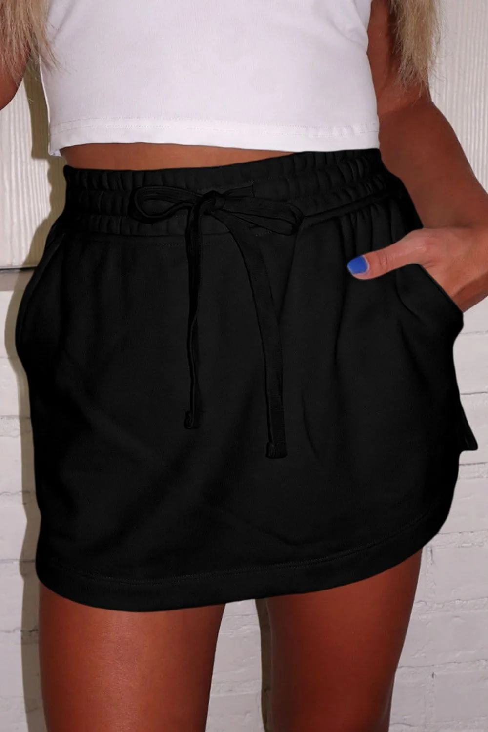 French Terry Drawstring Mini Skort Pocket Skirt