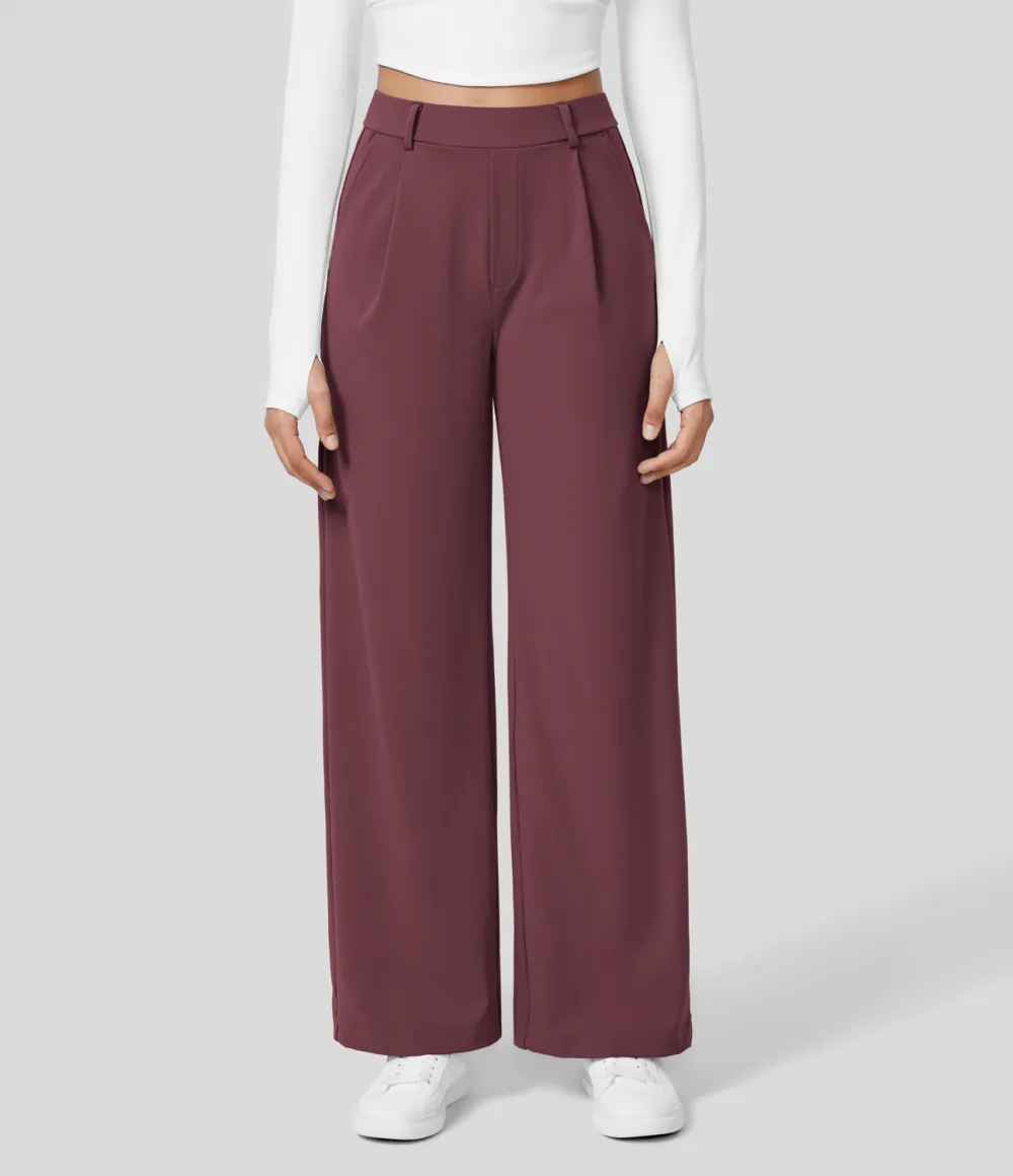 2026🔥  High Waisted Plicated Side Pocket Straight Leg Work Pants