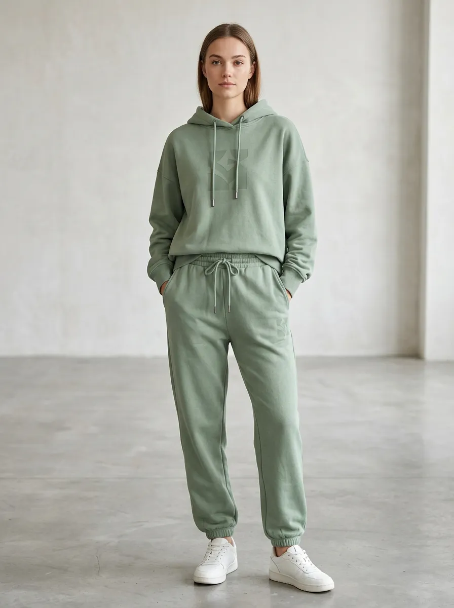 Women's Sage Green Minimalist Geometric Printed Hoodie Jogger Set