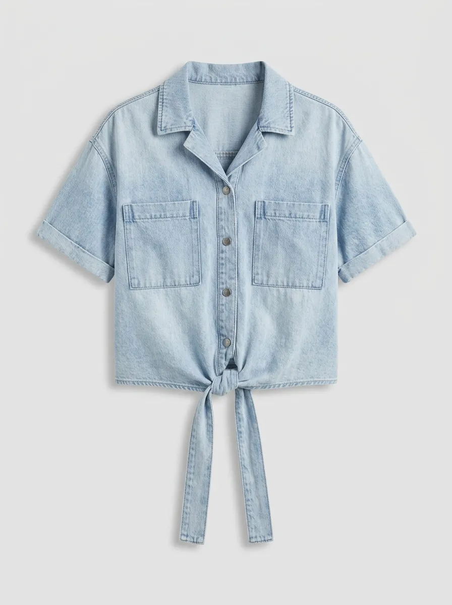 Women's Casual Light Wash Denim Tie-Front Button-Down Top