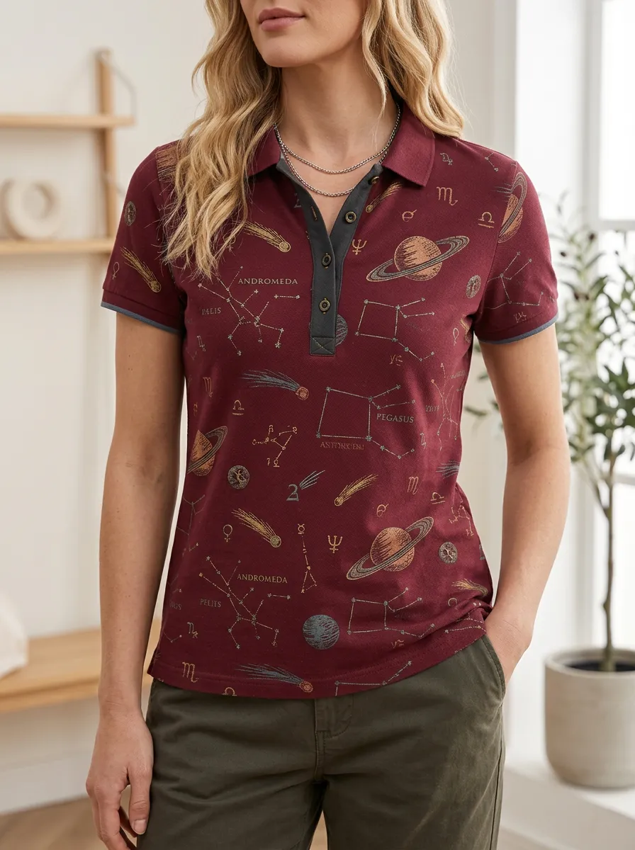 Women's Relaxed Astronomy Lover Constellation Planet Polo Shirt
