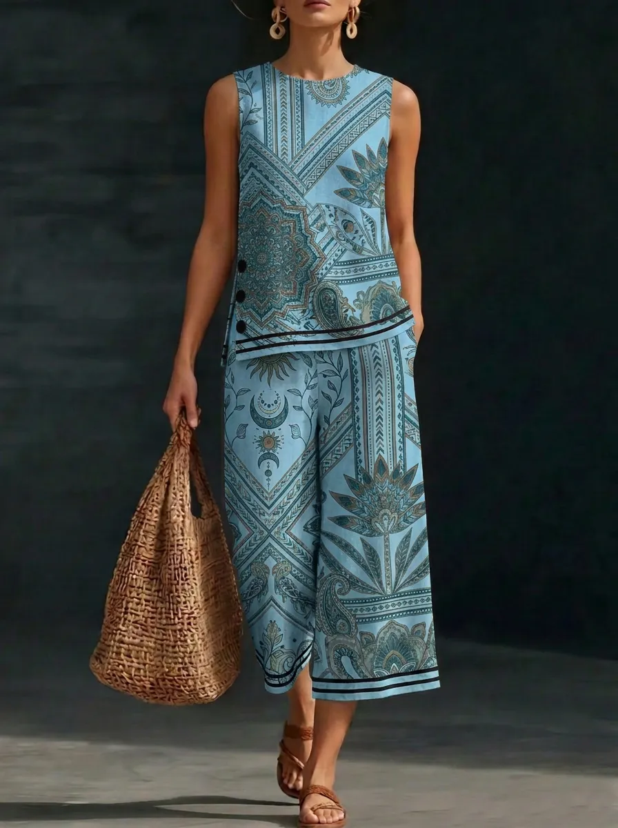 Women's Boho Celestial Mandala Printed Sleeveless Set