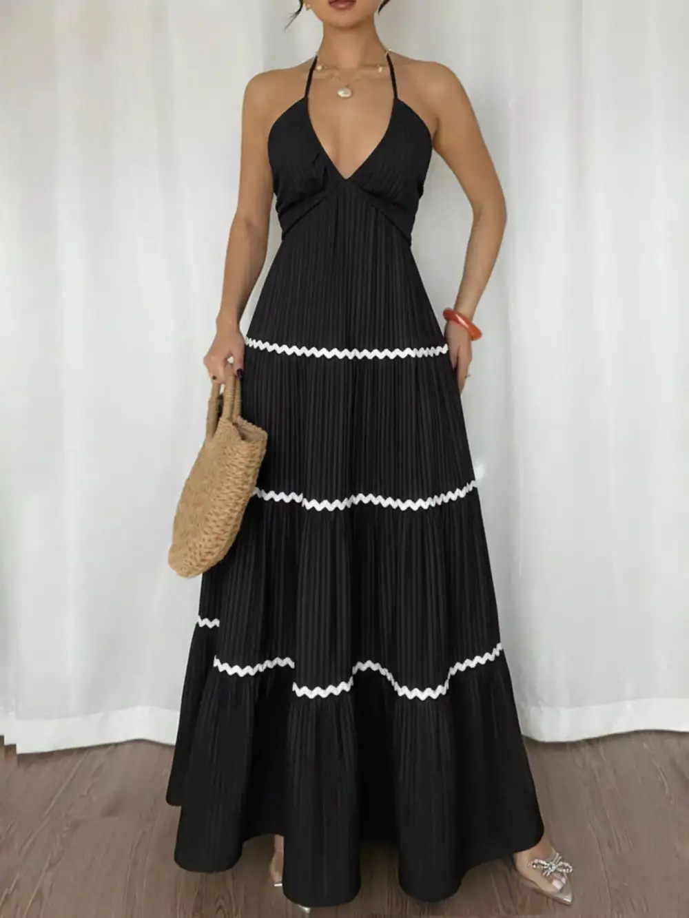 Classic Halter Neck Pleated Maxi Dress