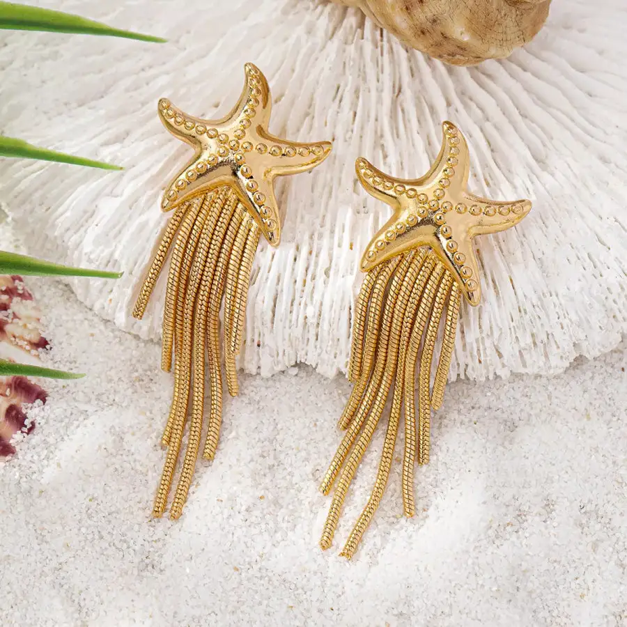 K Gold Plated Starfish Fringe Drop Earrings